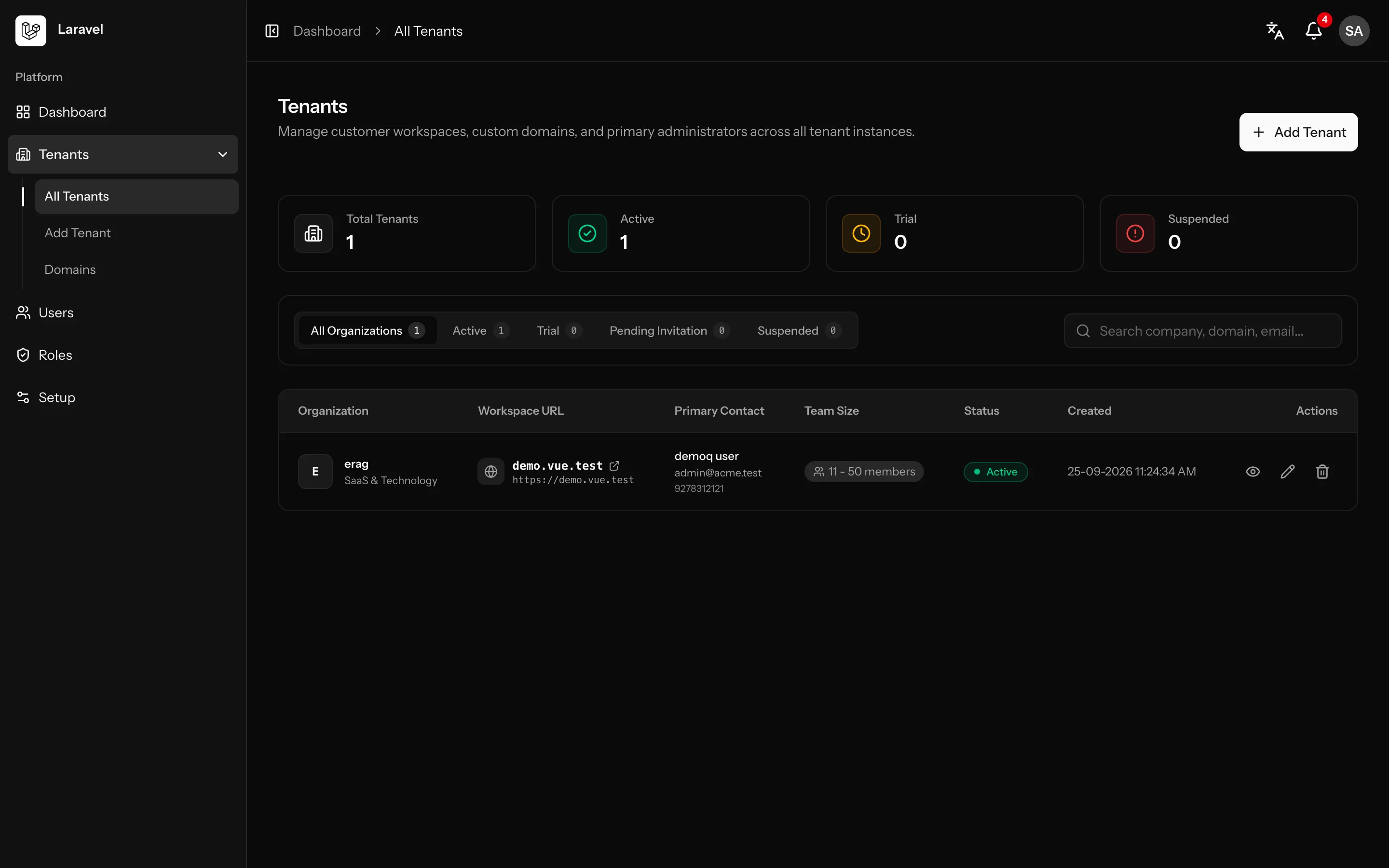 Vue Starter Kit: Tenants screen