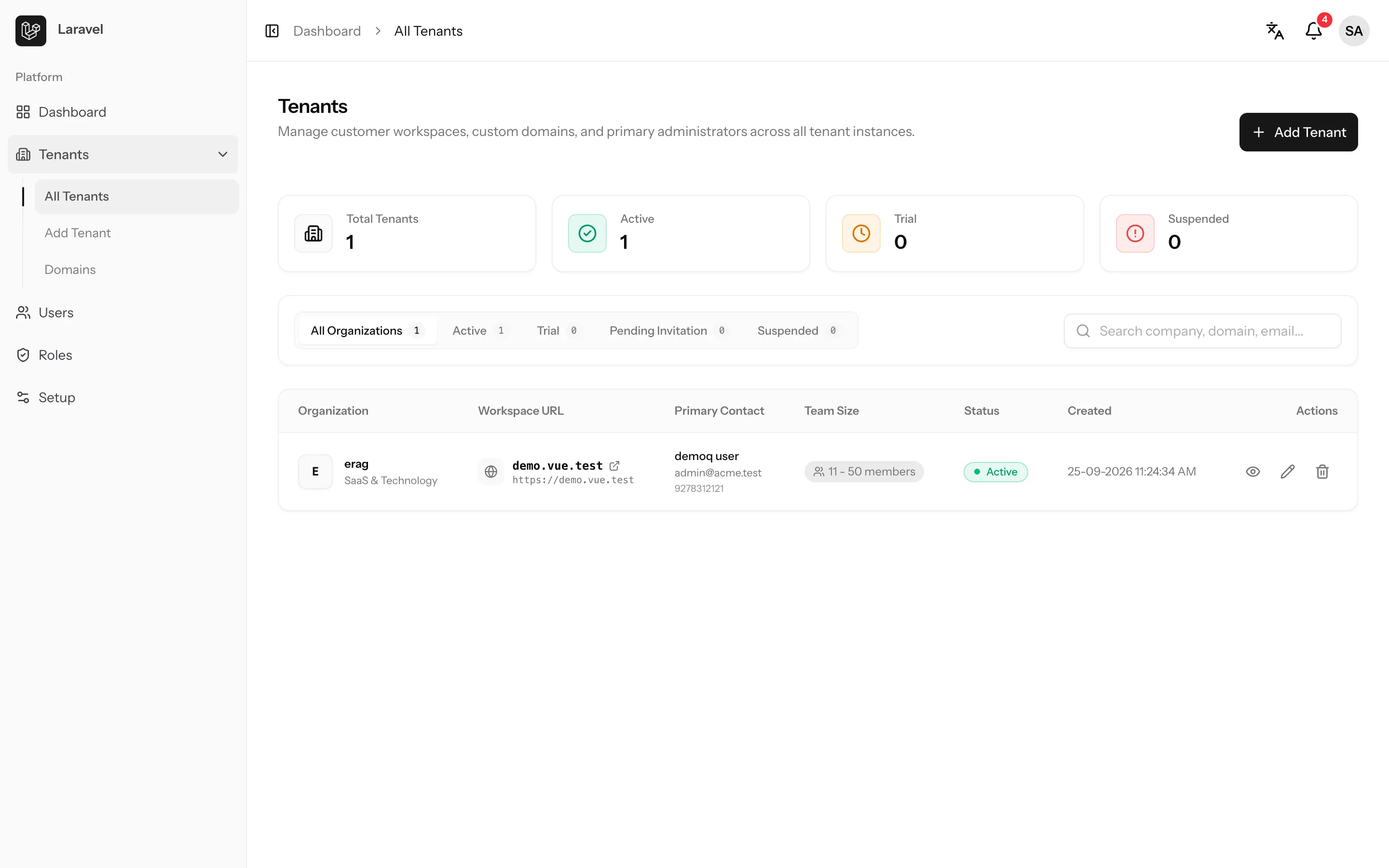 Vue Starter Kit: Tenants screen